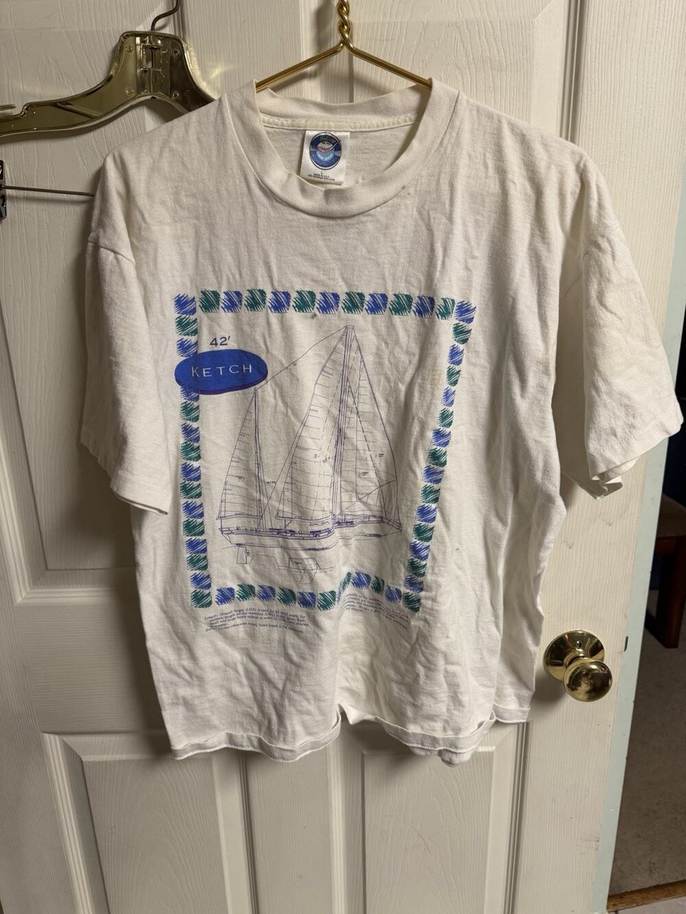 Vintage 90s Ketch Sailboat Large 42w White Shirt USA 100% Cotton Distressed